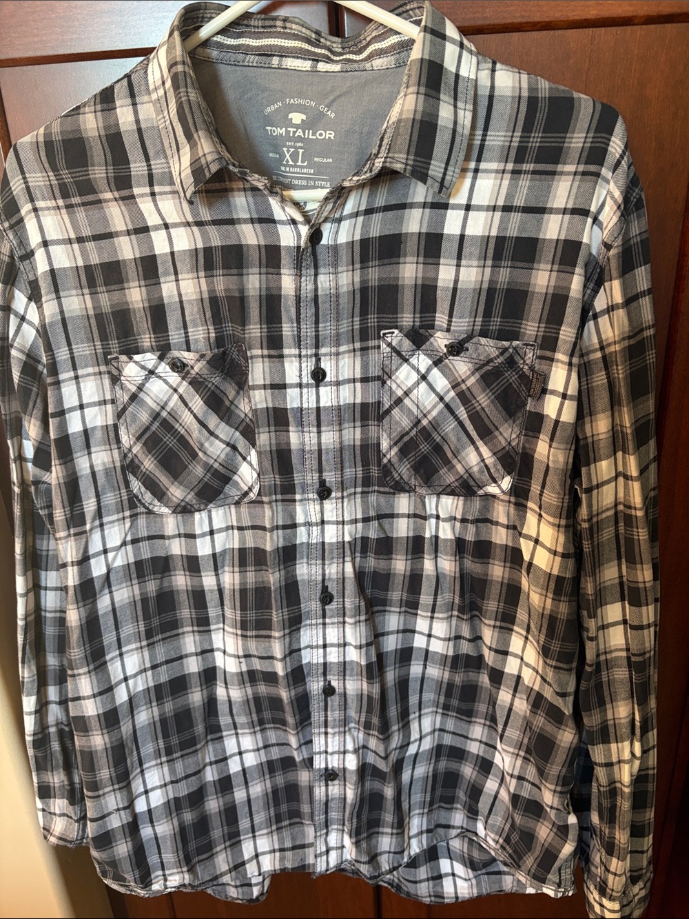 Tom Tailor Men's Cotton Black & White Plaid Button-Up Shirt - XL